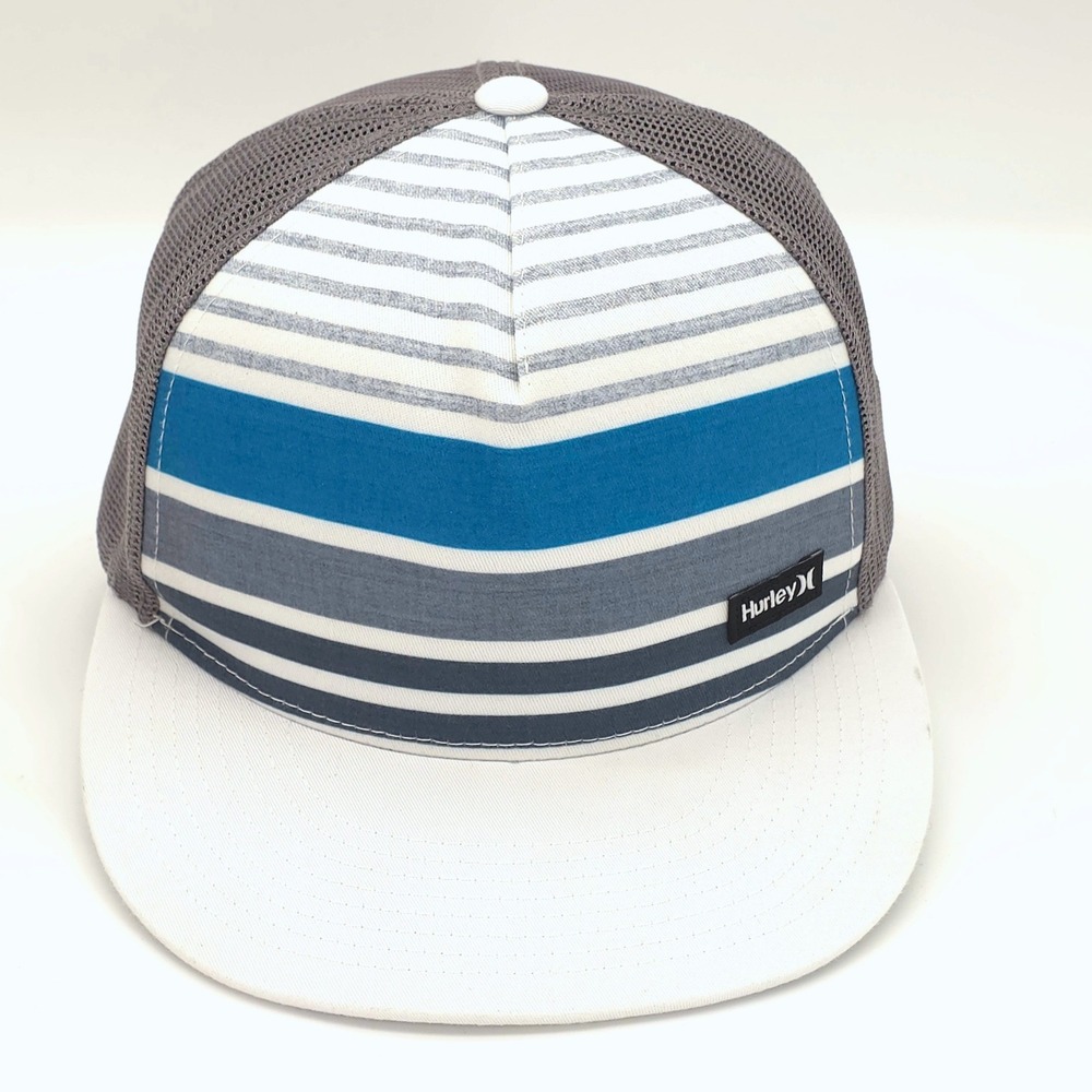Hurley Hat Cap Mens Snap Back Blue Gray Striped Mesh Trucker Surf Skate